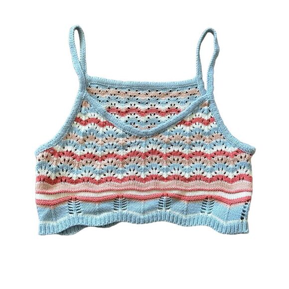 Cropped Boho Beachy Thick Knitted Blue Striped Tank Top Crop Too Shirt - Picture 3 of 3